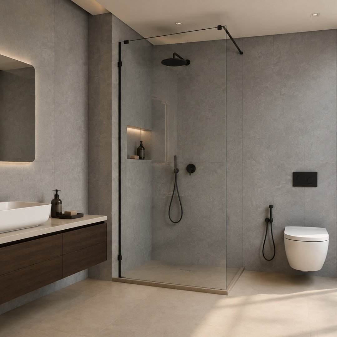 AL Cemento Nero Plain Bathroom Tiles - My Home Studio